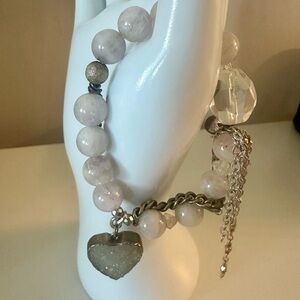 LOVE THIRTEEN CRYSTAL DRUZY HEART HEMATITE PENDANT BEAD LINK BRACELET